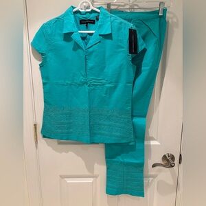 French Connection Teal Embroidered Two-Piece Pant Set